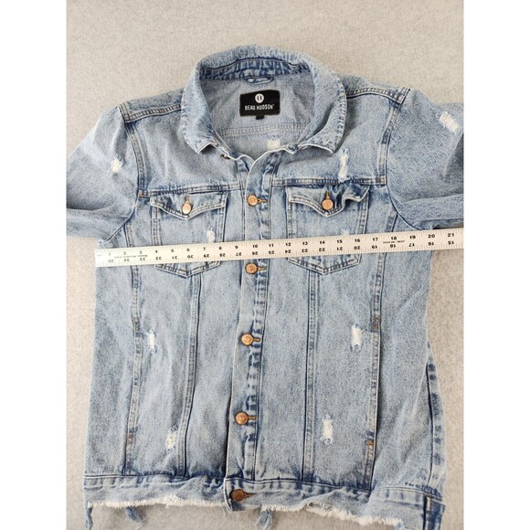 Beau‎ Hudson Men's Medium Light Blue Distressed Button Up Denim Jean Jacket Coat - Picture 4 of 14